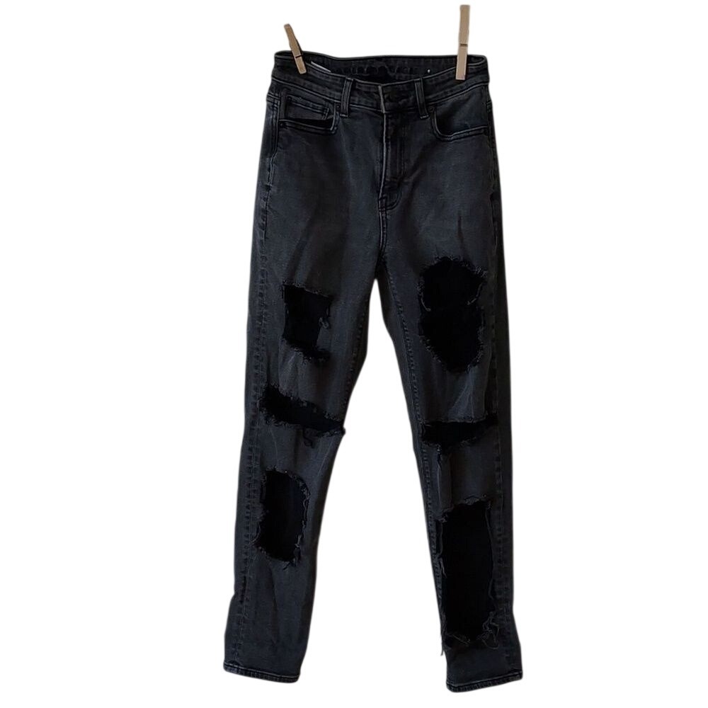 American Eagle Mom Jeans Womens 0 Faded Black Distressed Ripped High Rise Denim